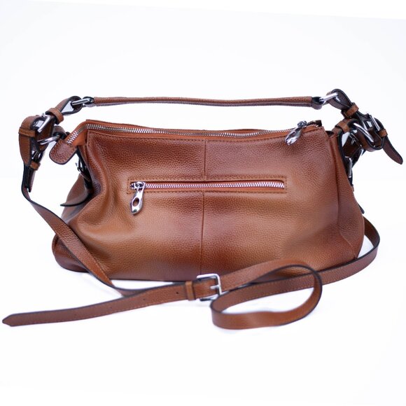 Heshe Handbags - Heshe Hobo Shoulder Bag Brown Pebbled Leather Crossbody Zip Pleated Purse